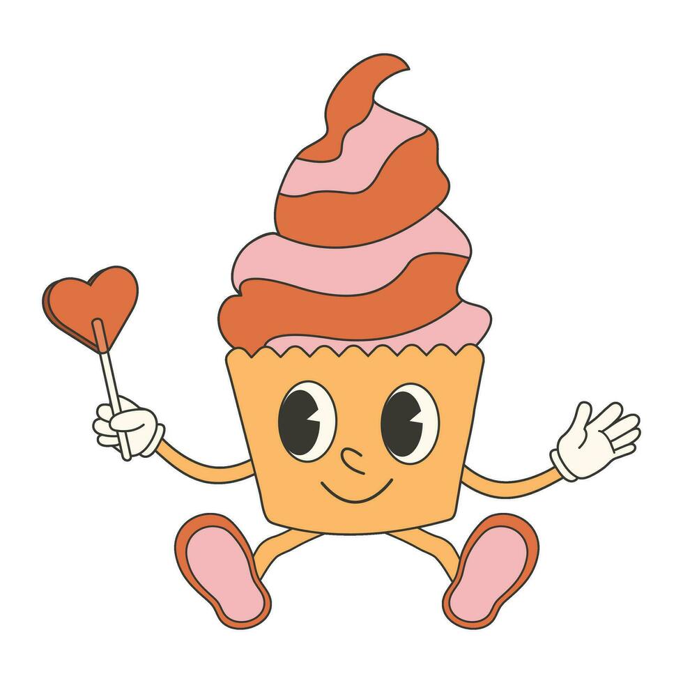 Trendy groovy cupcake sticker. Retro vintage vector sticker with cute and funny character.