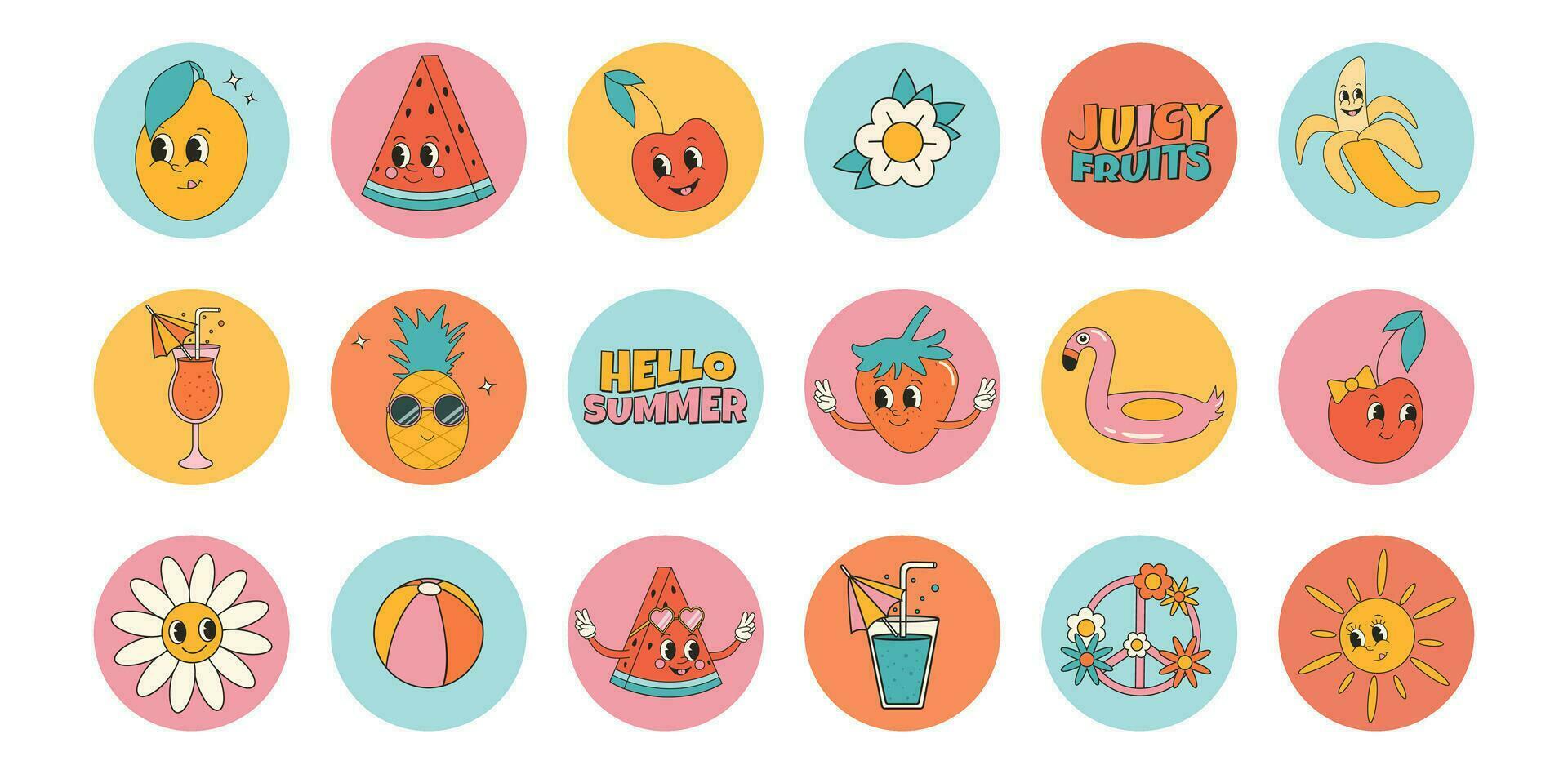 Groovy summer sticker collection with summer fruits and elements. Cartoon characters in trendy retro style, comic mascot characters. vector