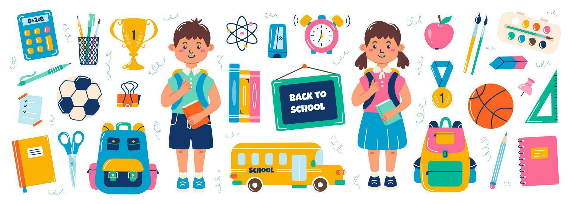 Set of school supplies, schoolchildren,  concept of back to school. Vector flat illustration