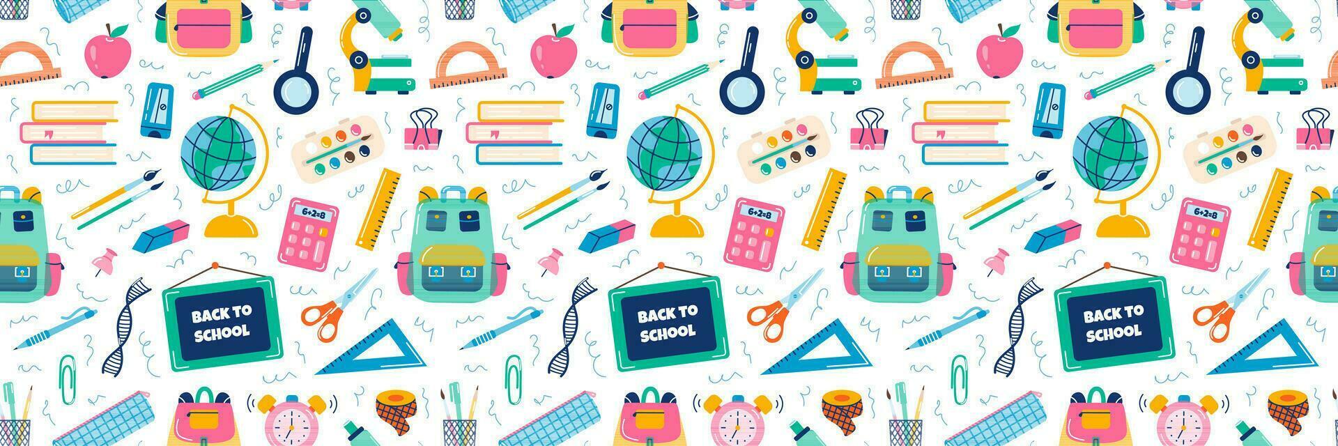 School supplies elements, vector seamless pattern, back to school on white background