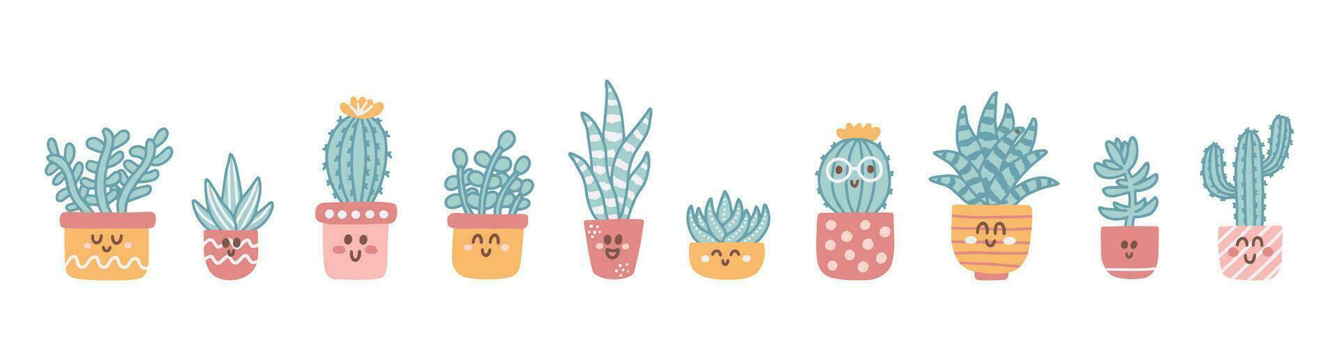 Set cute potted houseplants, cacti and succulents in cartoon hand drawn style, vector illustration on white background