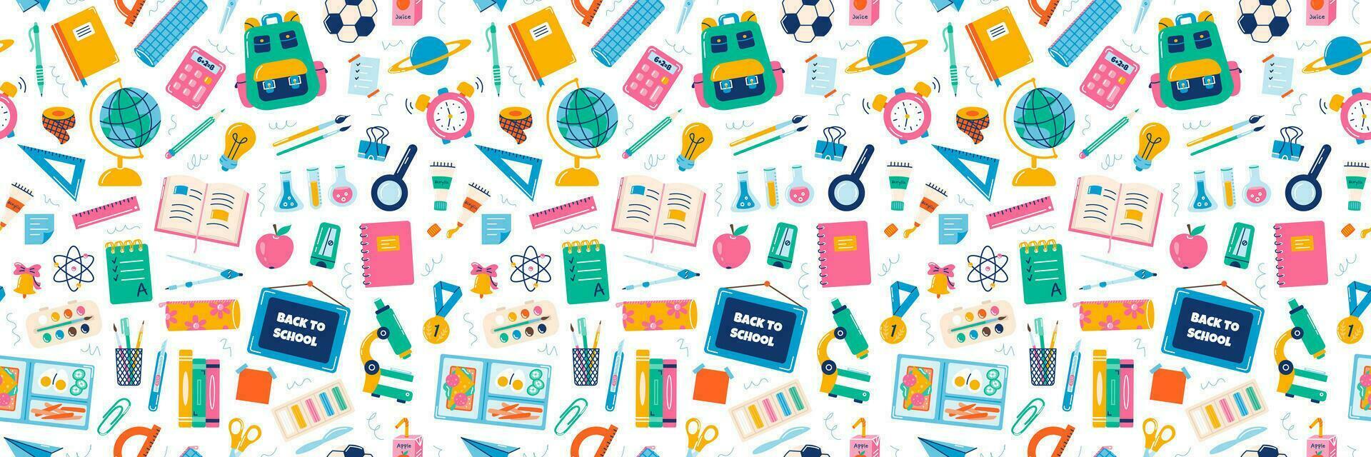 School supplies, vector seamless pattern, back to school on white background