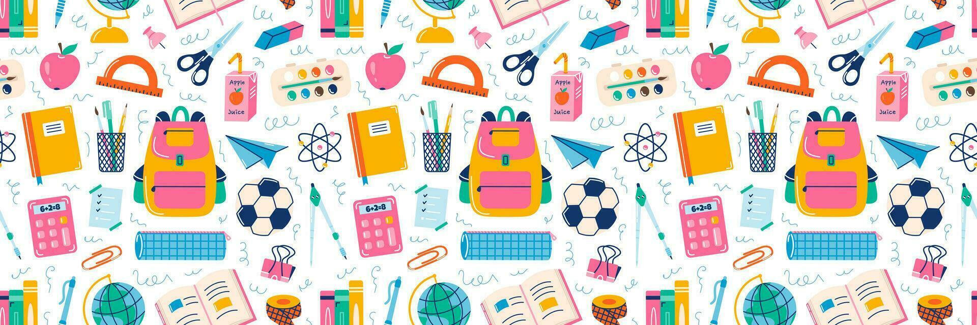 School supplies elements, vector seamless pattern in hand drawn style, back to school on white background