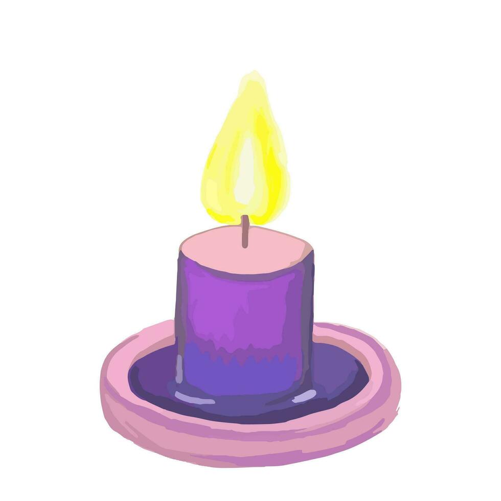 Purple candle in a stand burning with yellow flame. Color vector illustration. Isolated background. Flat style. Magical attribute. Festive print