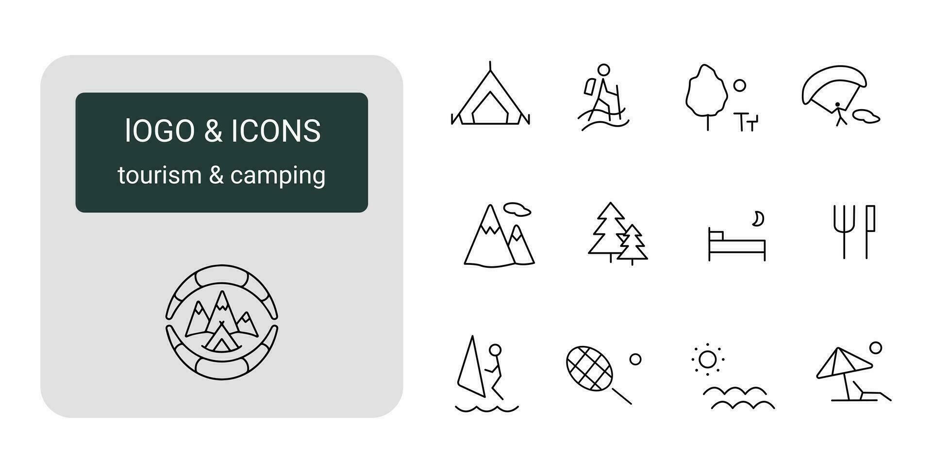 Simple set of logo and icons for tourism, camping, outdoor activities, sports complex. Vector isolated on white background