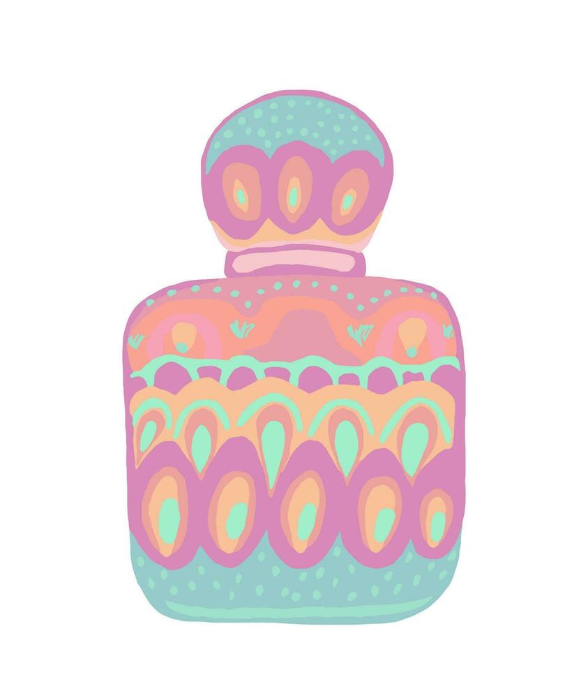 Women's perfume bottle in cartoon style, decorated in ethnic style with geometric patterns. Vector illustration isolated on white background. Eau de parfum, Eau de toilette, cologne, toilet water