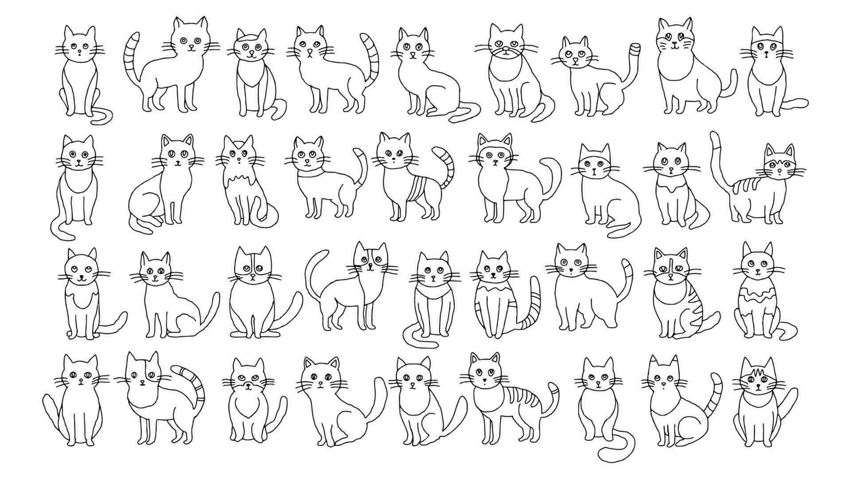 Set of 36 different cartoon cats. Black and white simple linear vector illustration isolated on white background. Children's book illustrations, fairy tales, coloring pages