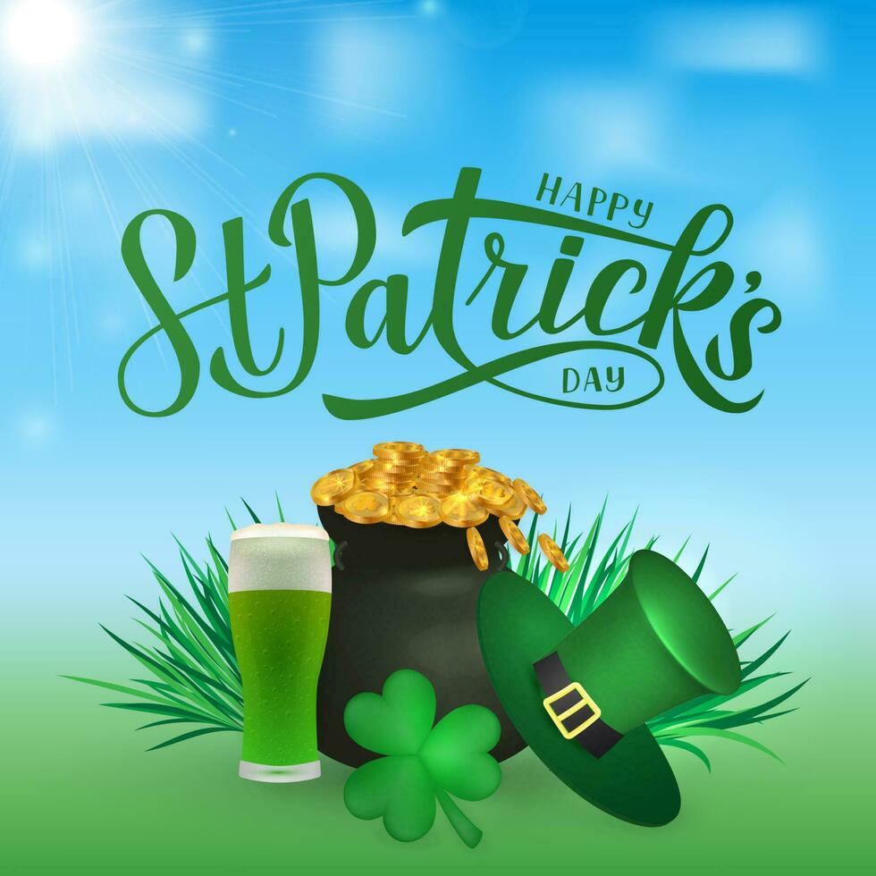 Happy St. Patricks day calligraphy hand lettering, Leprechauns hat, clover, green beer and pot of golden coins. Saint Patricks day greeting card, party invitation, poster, etc. Vector illustration.