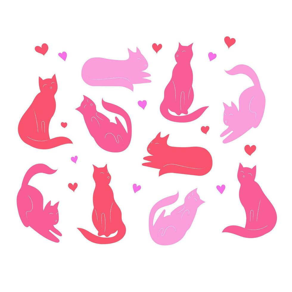 Vector Valentine spring with pink cats and hearts.