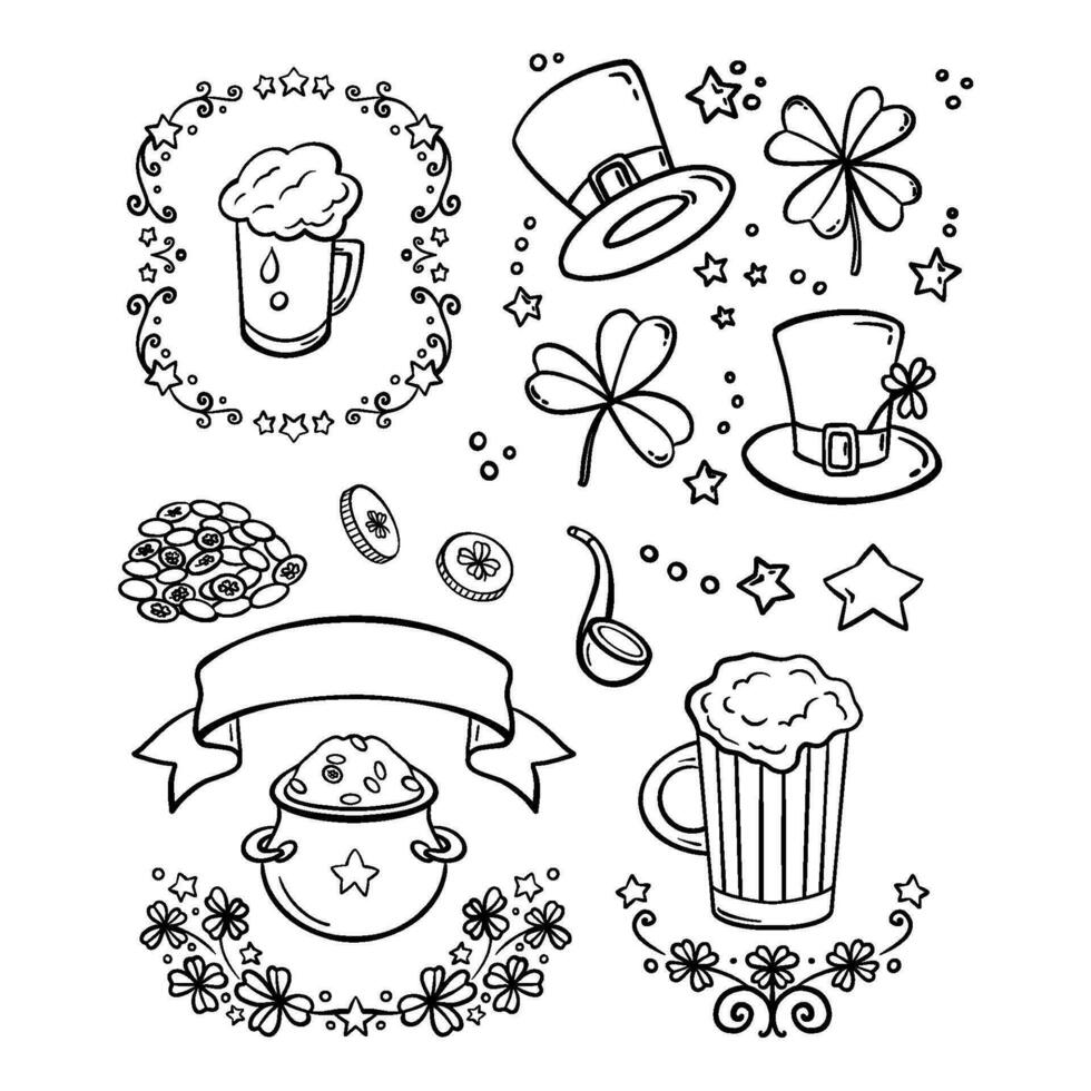 Set of hand drawn St. Patrick s Day design elements - hats, clover, stars. Coloring book page, vector line illustration.