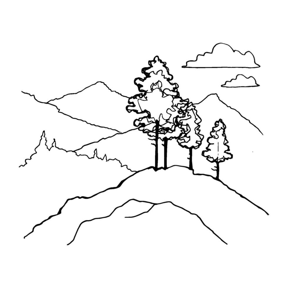 Hand Drawn black and white mountain landscape vector illustration with forest pine trees