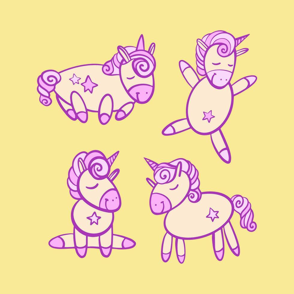 Vector set of magical cute unicorns. Fabulous goods are hand-drawn in cartoon style.
