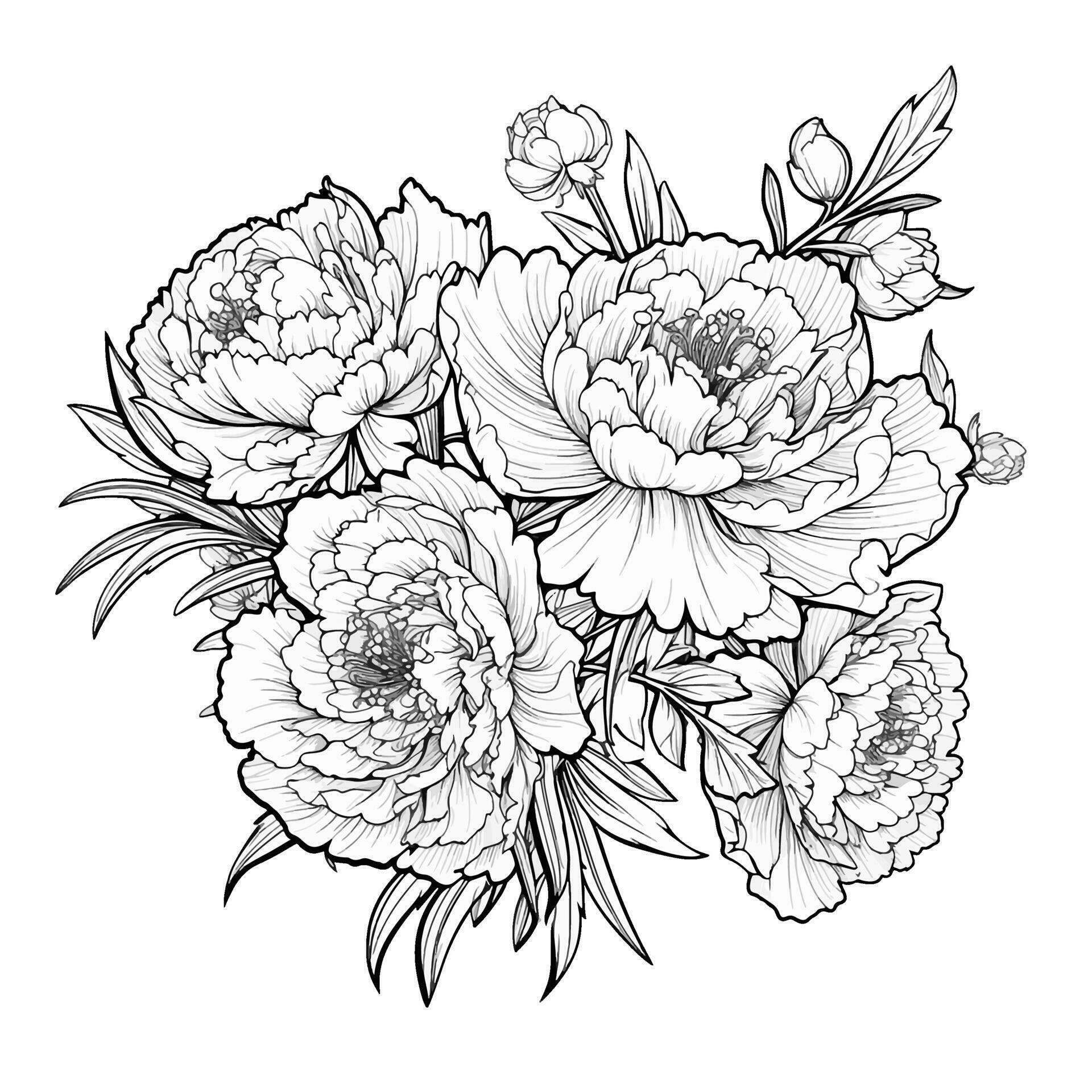 Coloring page with peonies and leaves. Vector page for coloring. Flower ...