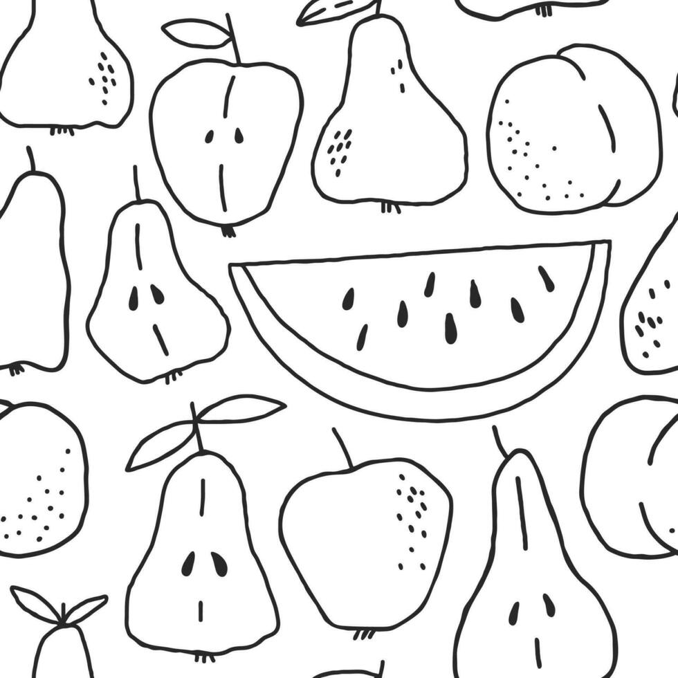 Simple doodle style fruits seamless pattern. Hand drawn monochrome background vector