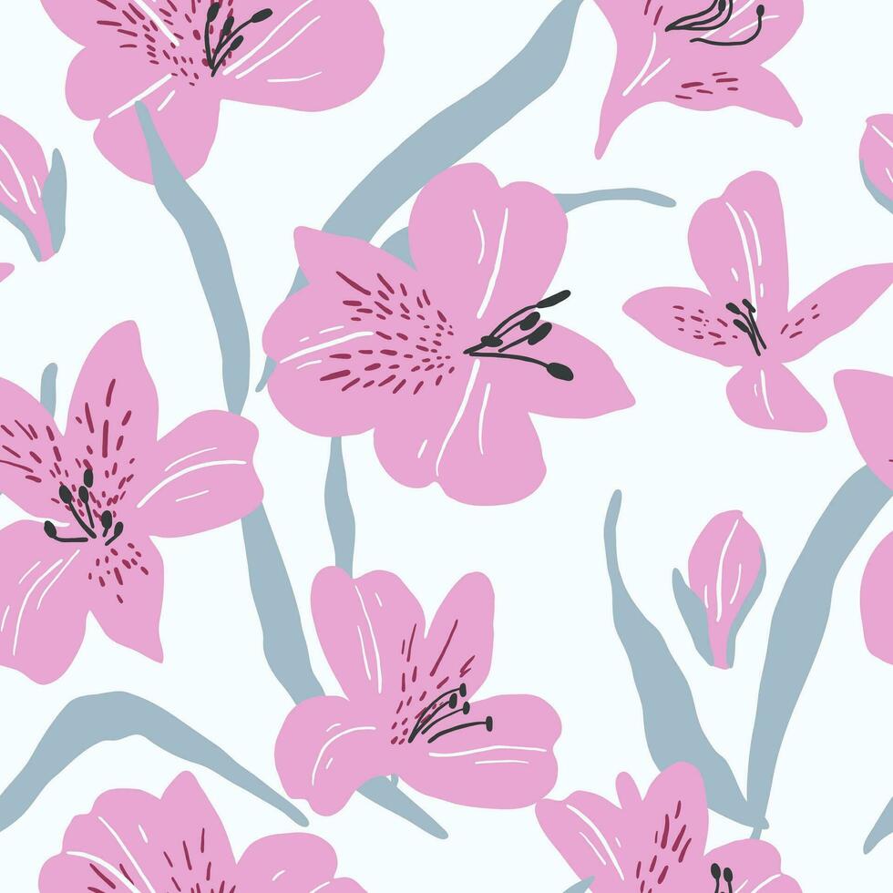 Seamless pattern with alstroemeria flowers and leaves. Hand drawn simple floral background vector