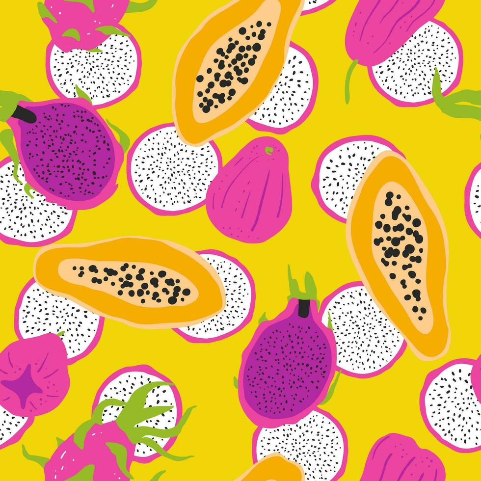 Mixed tropical fruits papaya, dragon fruit and rose apple seamless pattern vector