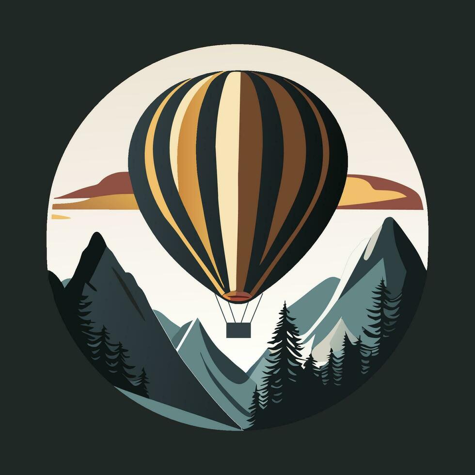 Air balloon with landscape on background. Flying balloon tshirt design. vector