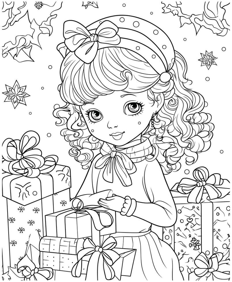 Christmas Girl And Gifts Coloring Page vector