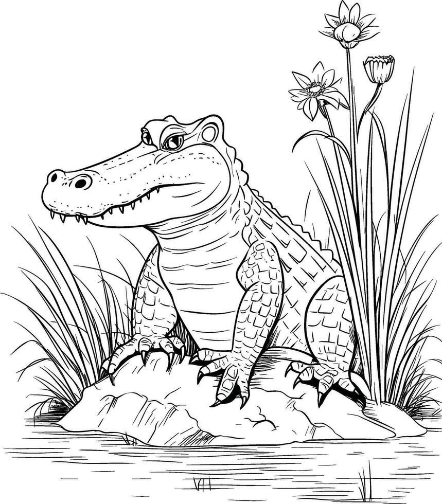 crocodile in the wild coloring page for kids vector