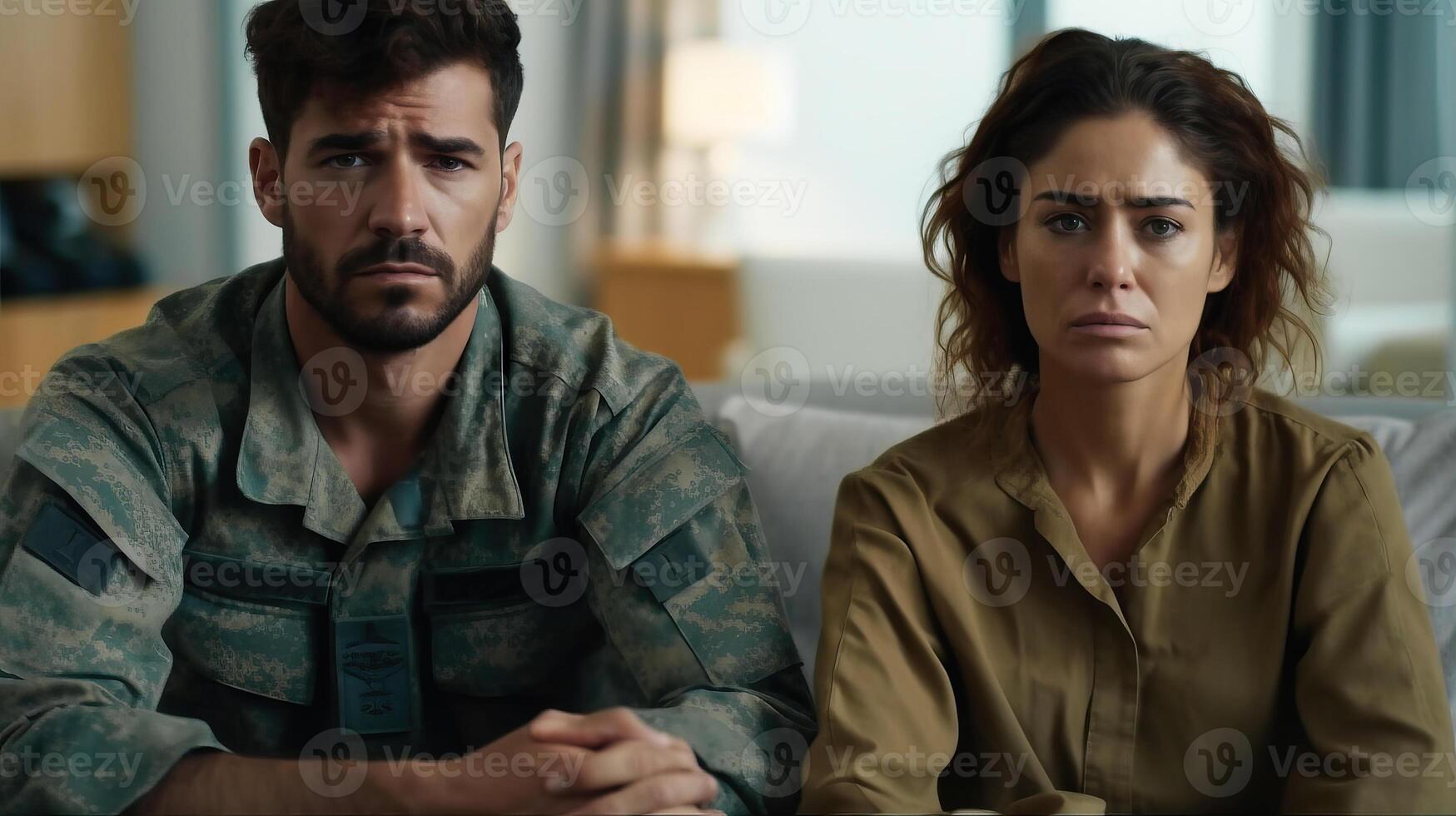Unhappy military couple sit separate have problems in relationship think of breakup or divorce. Upset soldier man and woman family lovers in relation troubles. . photo