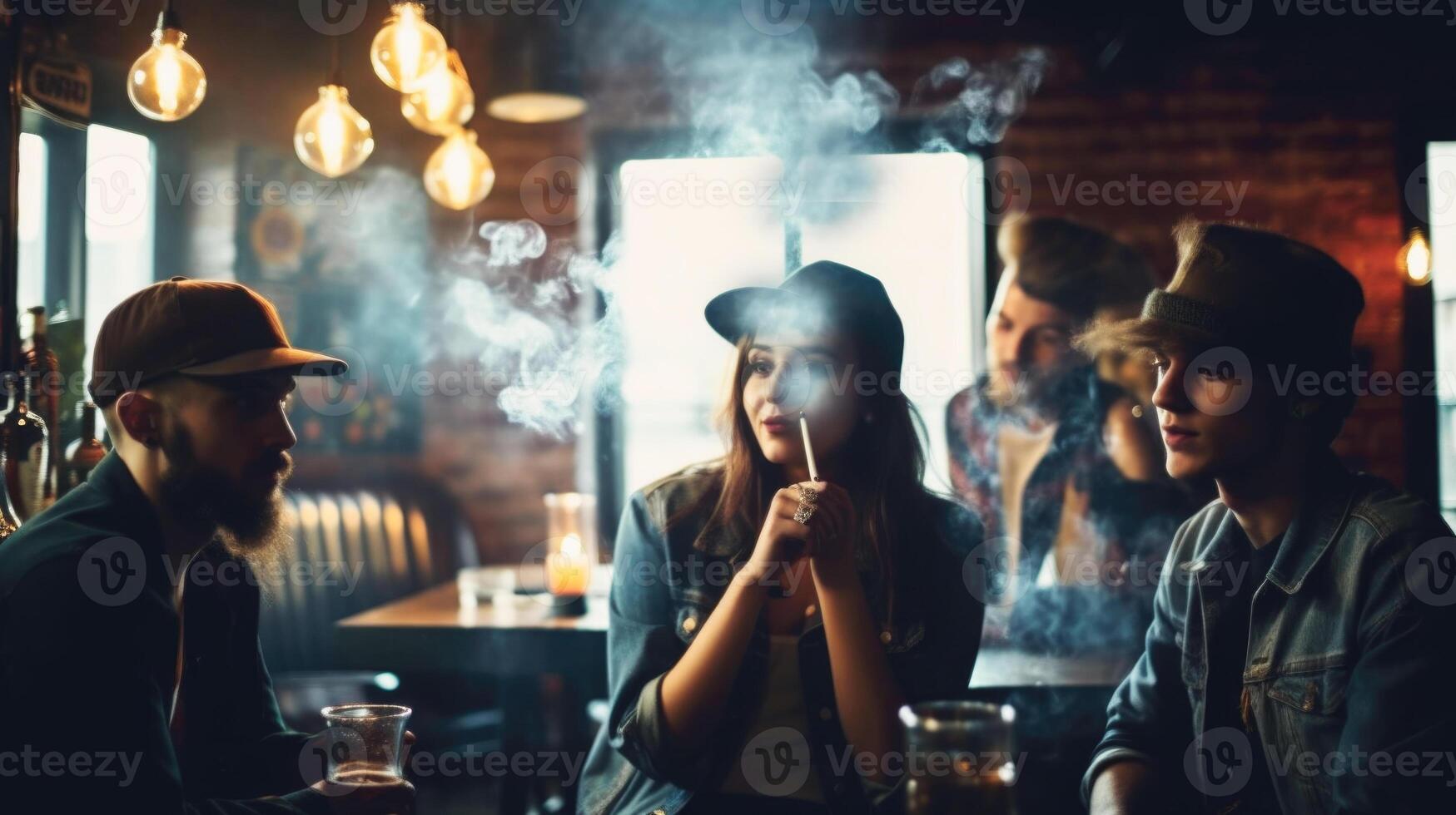 Group of young millenial people smoking cigarettes and drinking