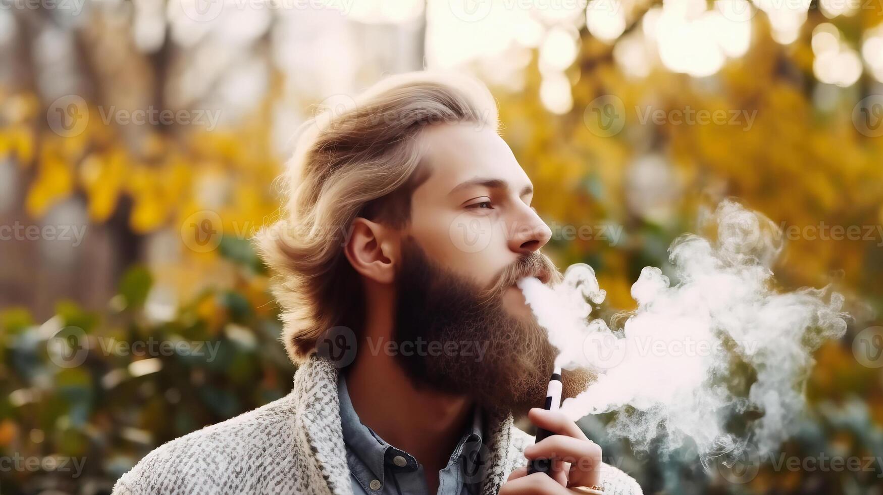 retrato de un joven hombre con un barba en un de punto suéter de fumar un electrónico cigarrillo en el otoño parque. generativo ai. foto