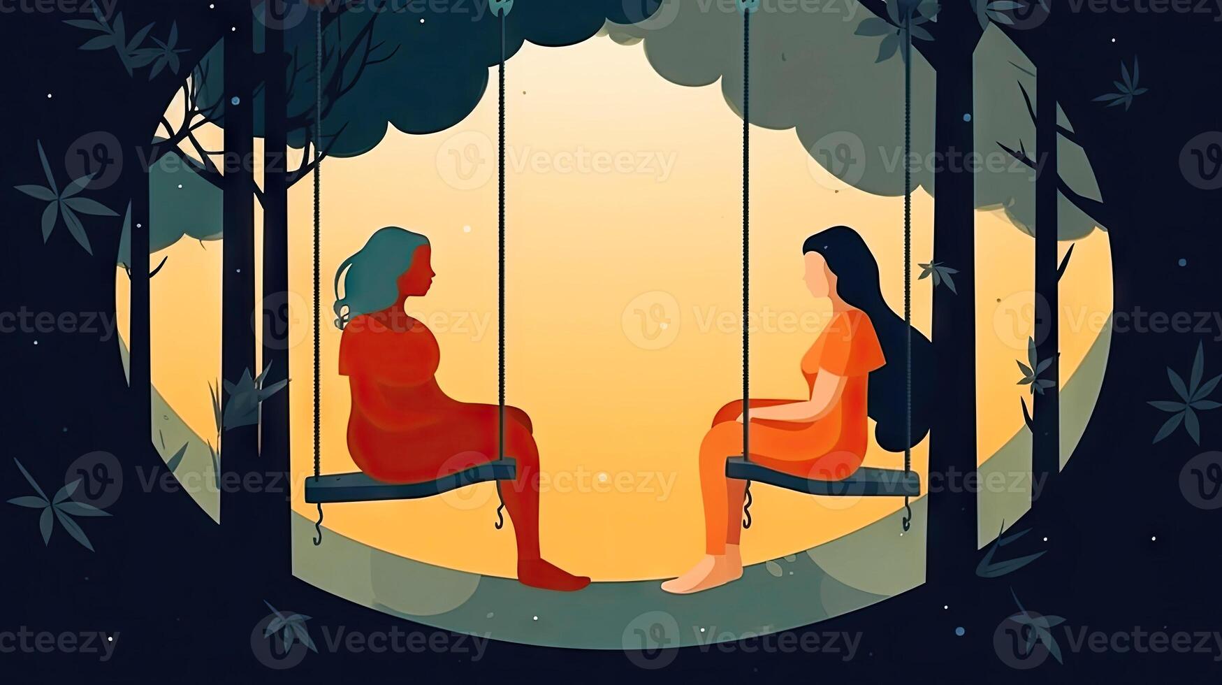 Two woman sitting on a swing at sunset. Bipolar mental health and brain disorder. . photo