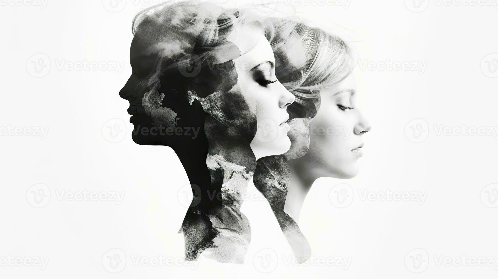 Double exposure black and white portrait of woman with personality disorder in profile faces. Generative AI. photo