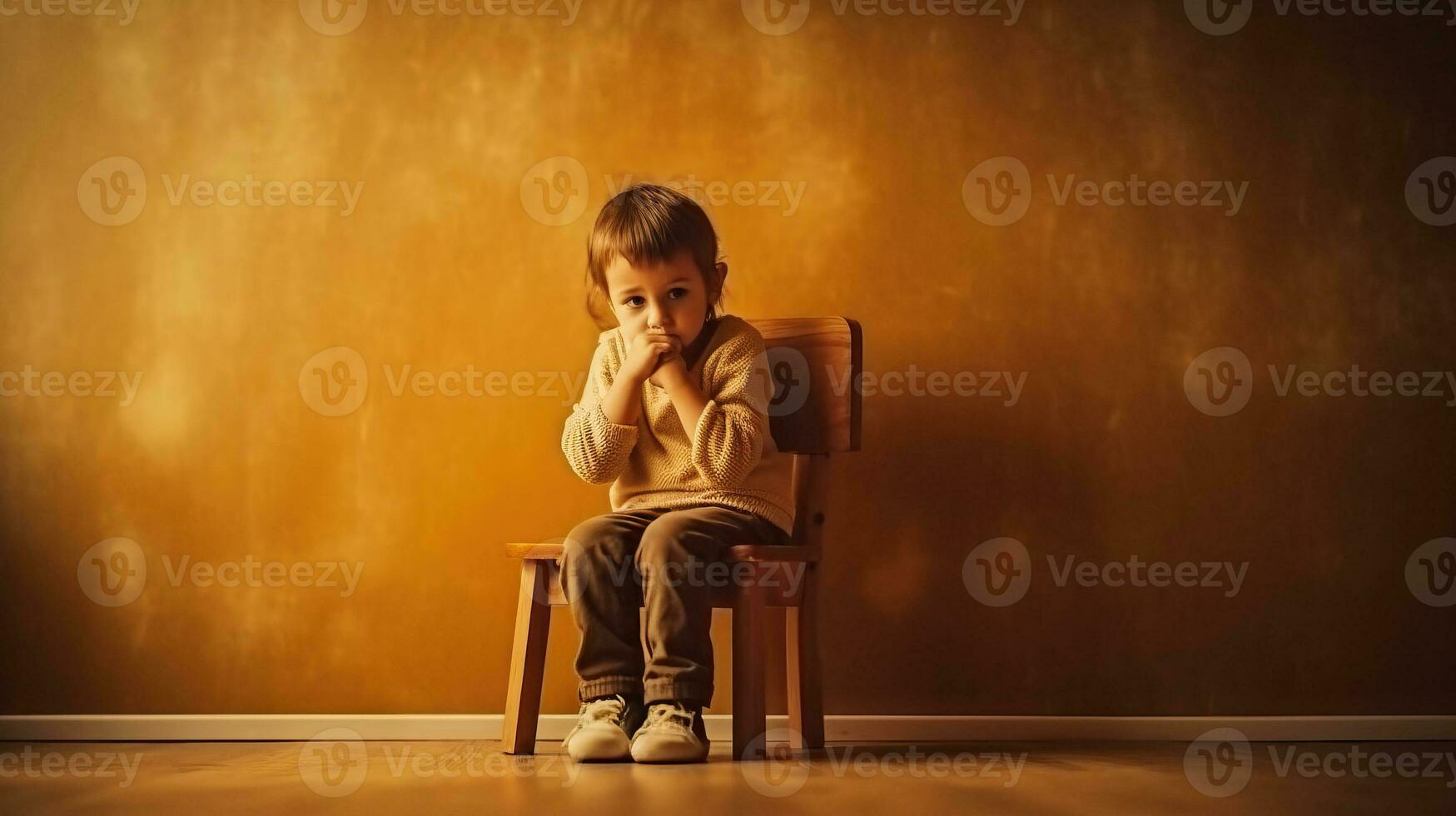 Upset problem scared child sitting on chair in emty room, stress or frustration. Generative AI. photo