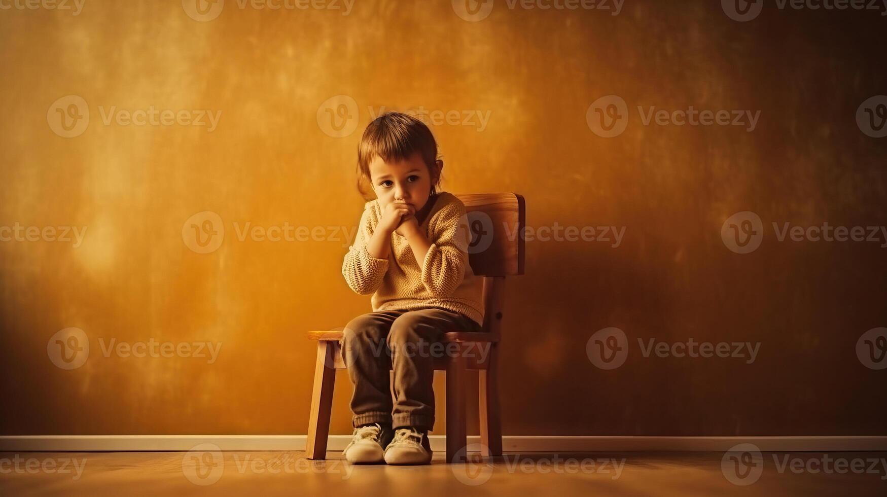 Upset problem scared child sitting on chair in emty room, stress or frustration. . photo