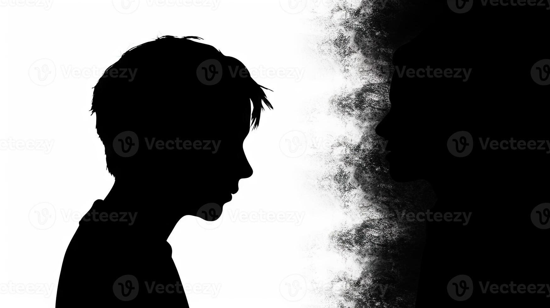 Silhouette of a boy and smoke on a white background. Teenagers and life problems. . photo