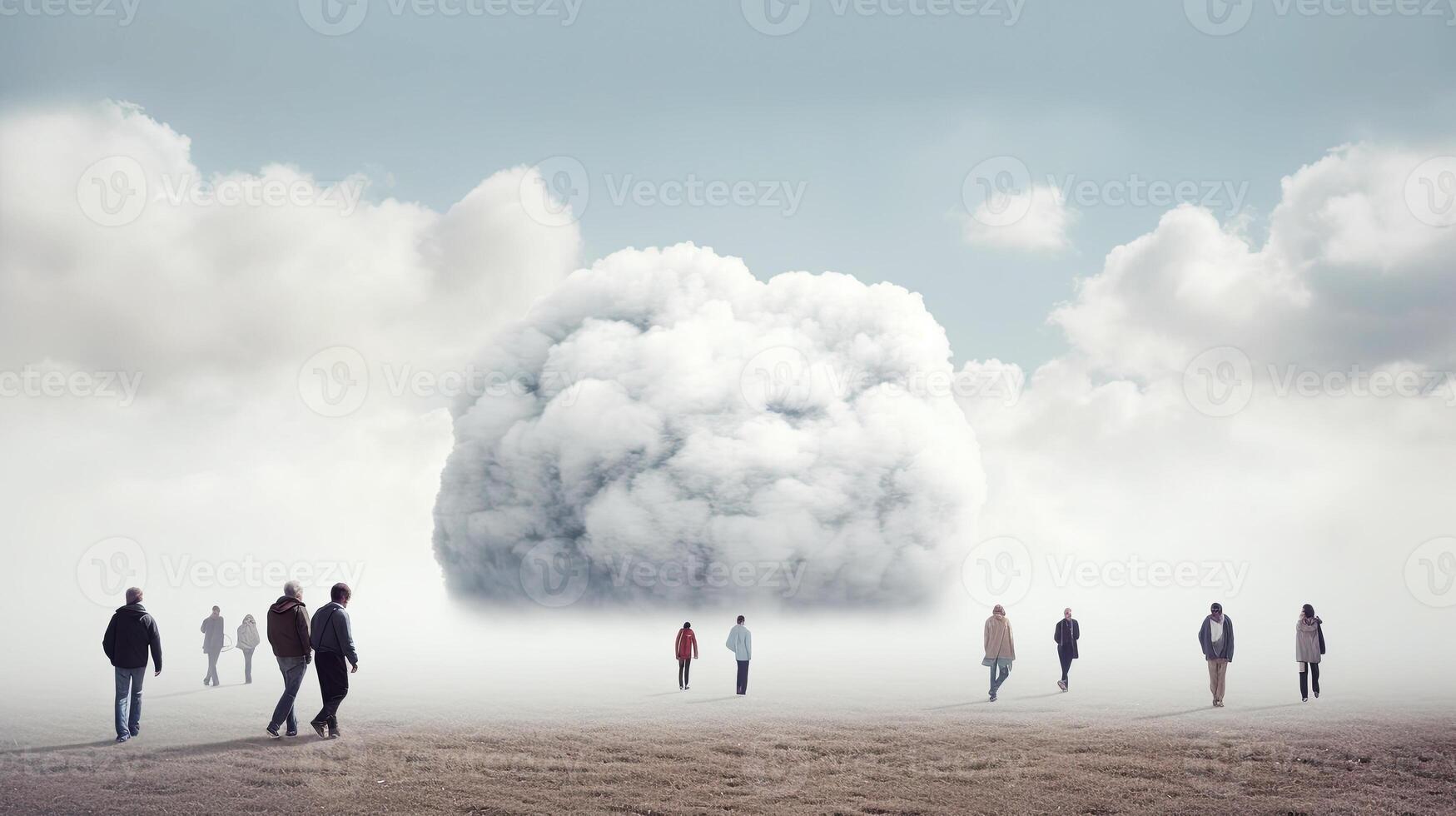 el camino dentro el desconocido. conceptual imagen de grupo de personas y nubes generativo ai. foto