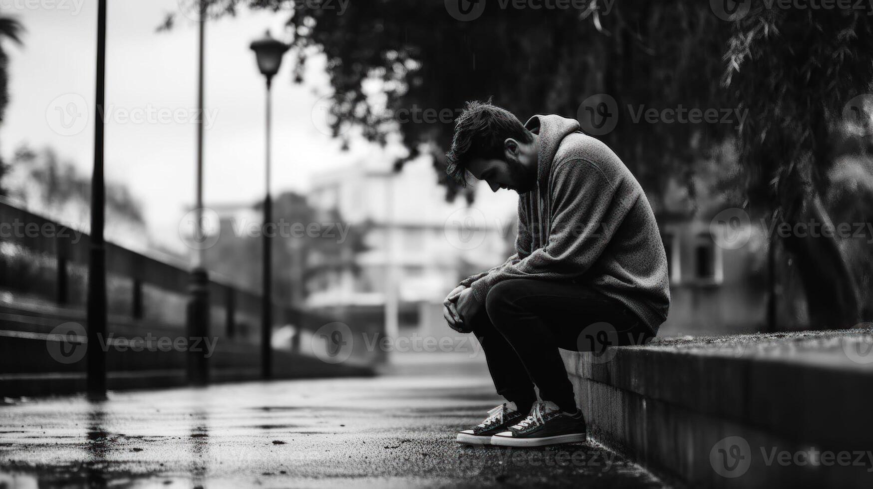 Depressed young man sitting on the street. Black and white photo. Generative AI. photo