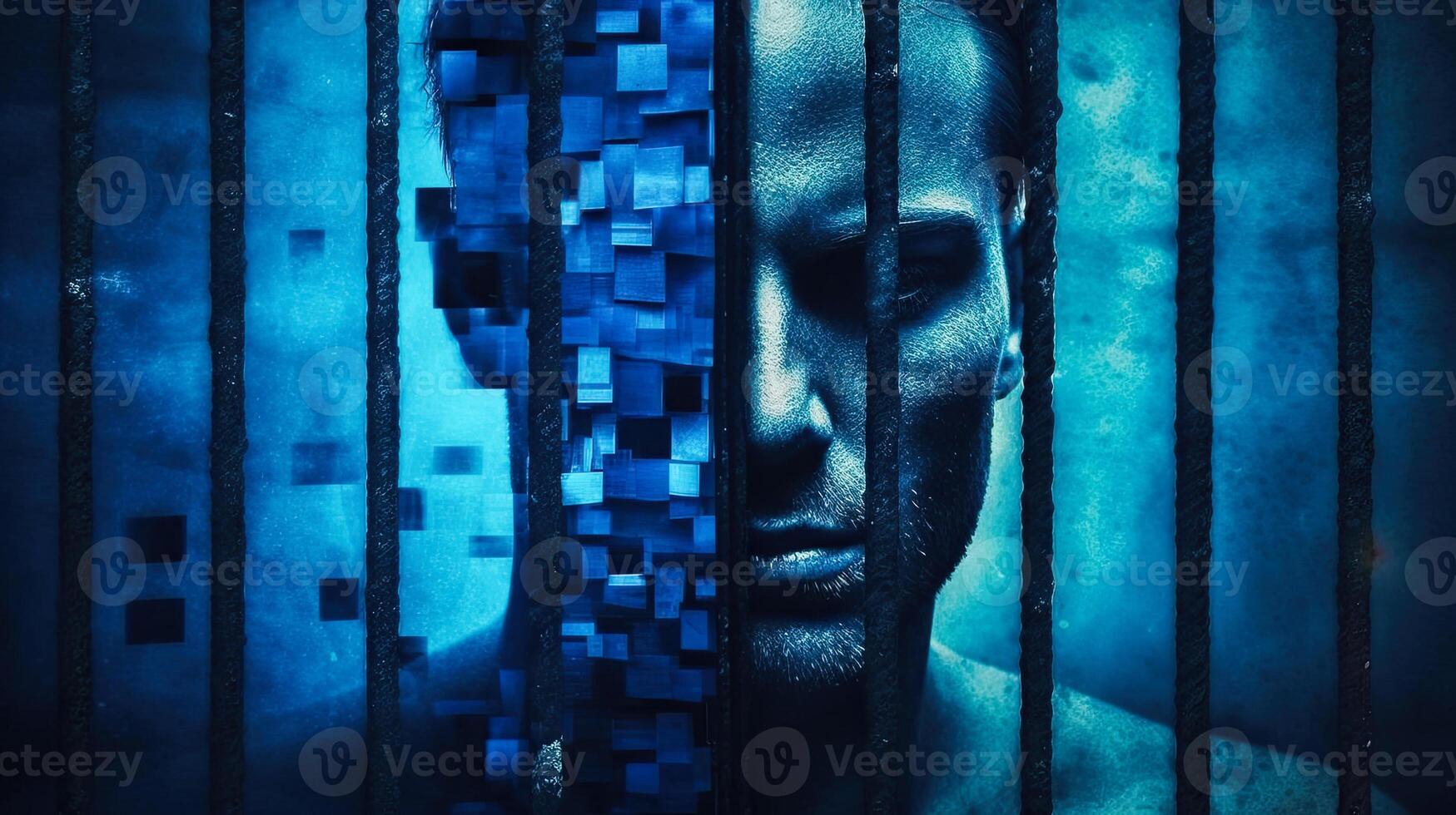 Close up portrait of a young man behind bars. Isolate him-self prisoner of his mind. . photo