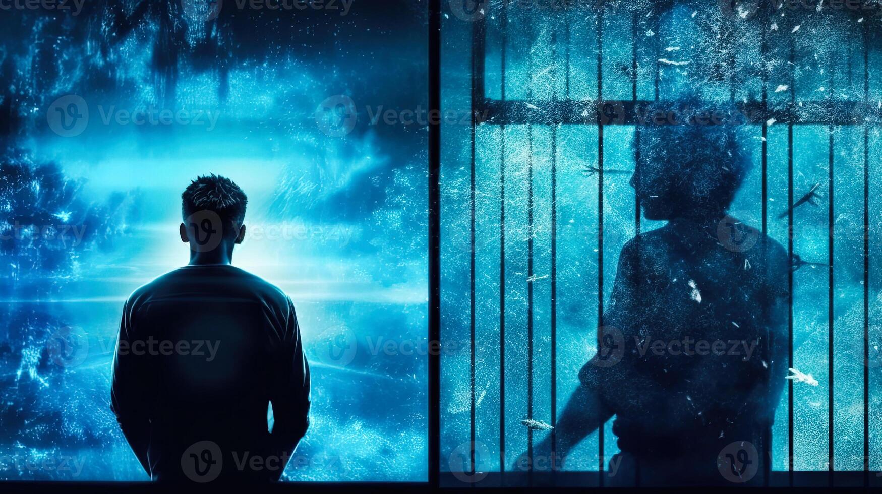 Silhouette of a man in a cage against a blue background. Free and imprisonment. . photo