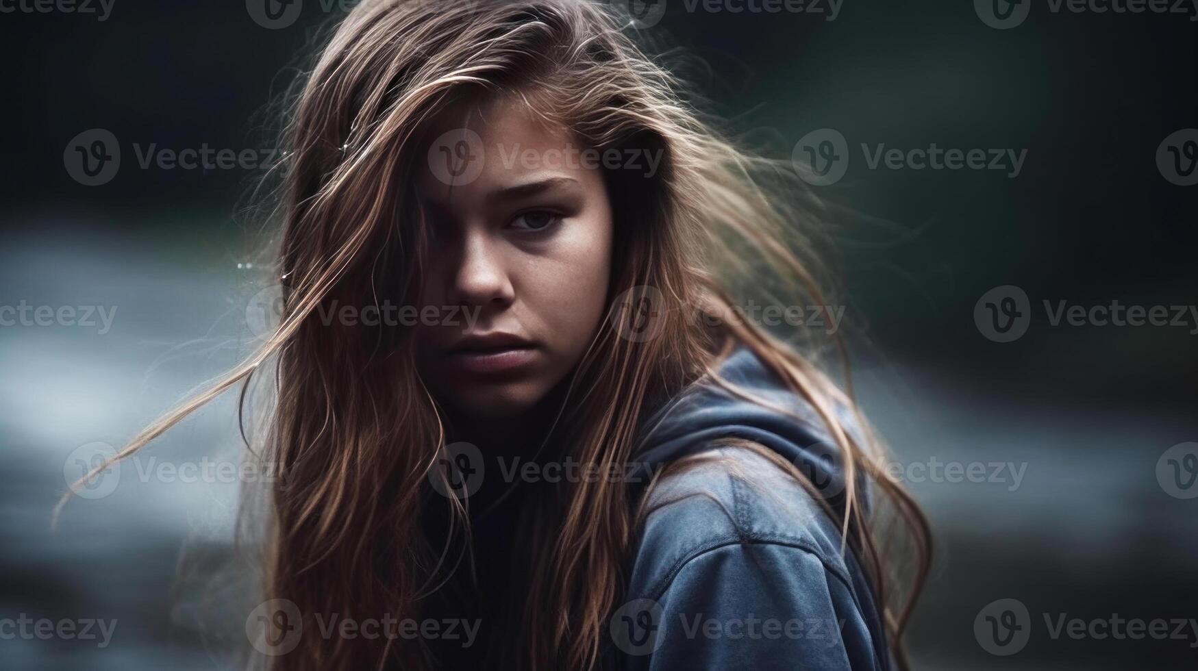 Portrait of a young teen girl with long hair in the rain turned back, running away from her problems. . photo