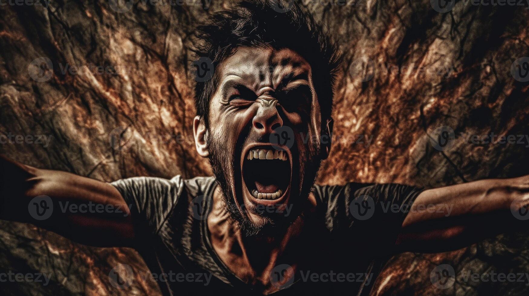 Aggressive screaming man gesturing while standing against dark background. . photo