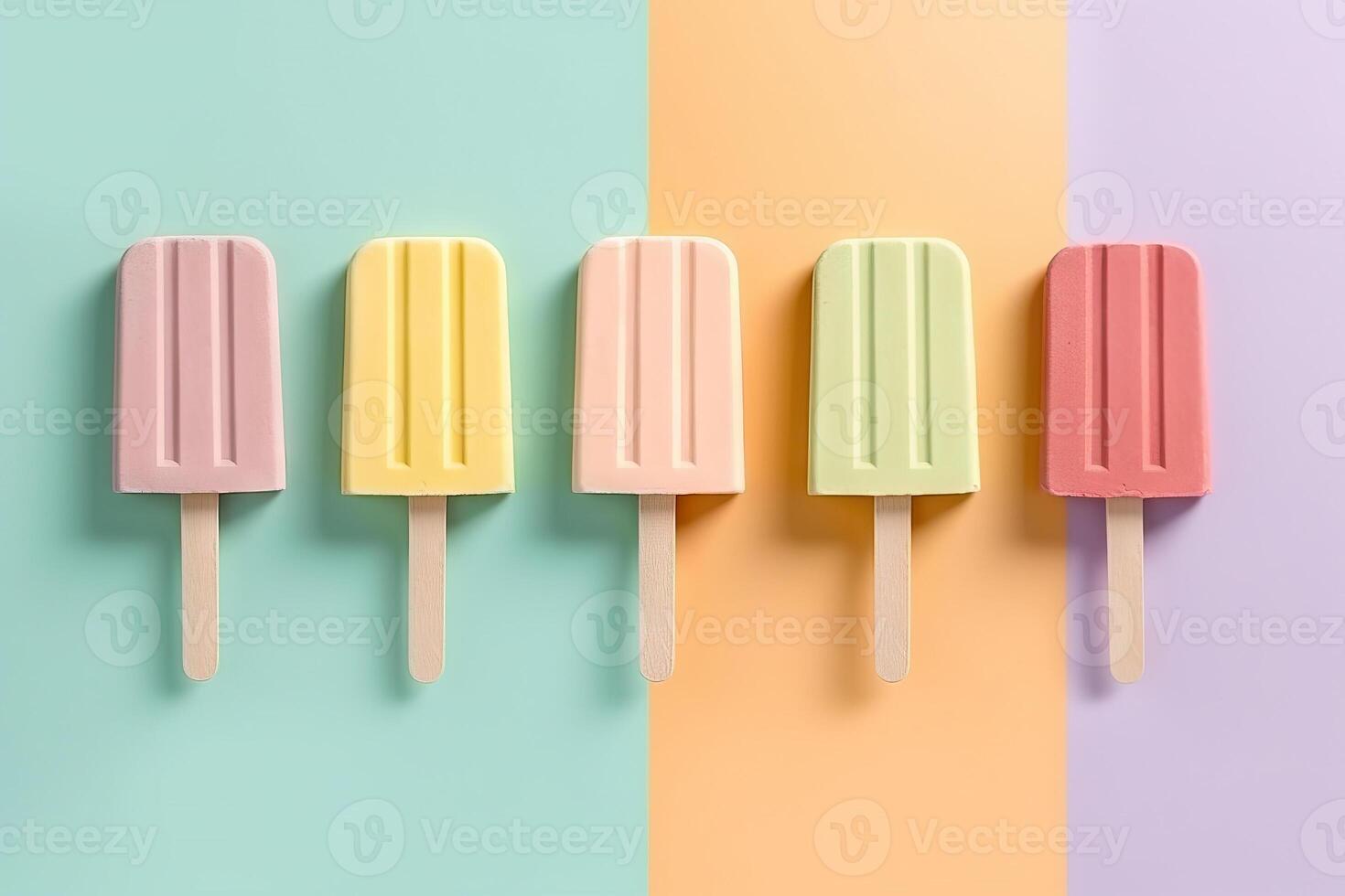 Ice cream sticks on pastel colors background, flat lay. . photo