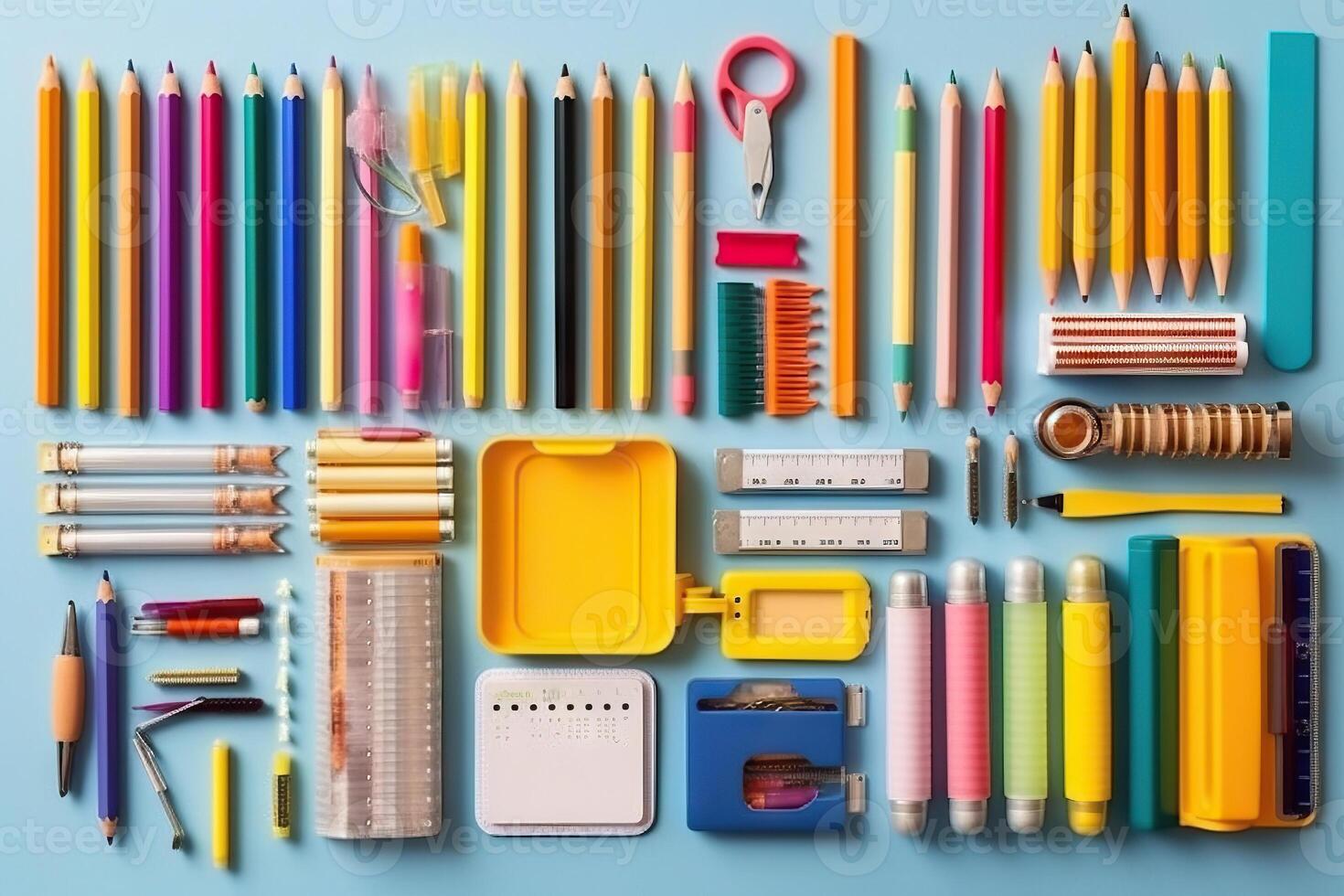 Colorful stationary school supplies on blue background, flat lay. . photo