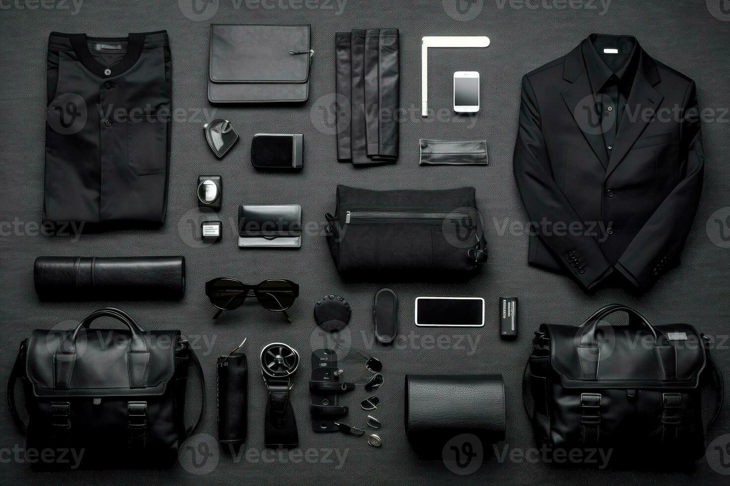 negro espía hombre ropa y accesorios en gris fondo, plano poner. generativo ai. foto
