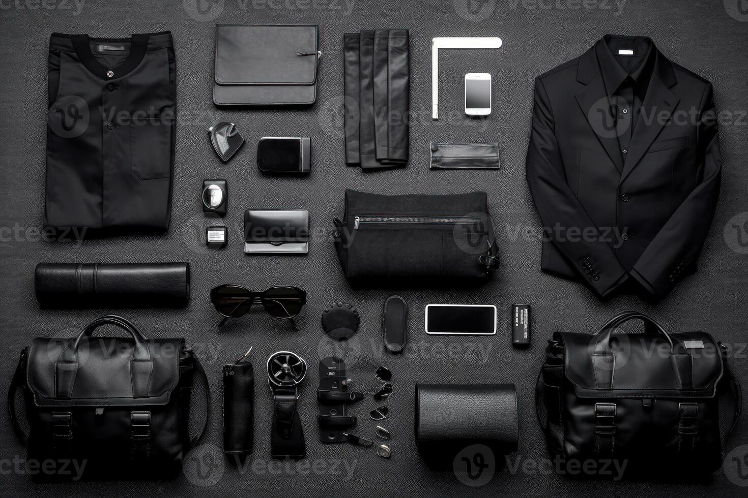 Black spy man clothes and accessories on grey background, flat lay. . photo