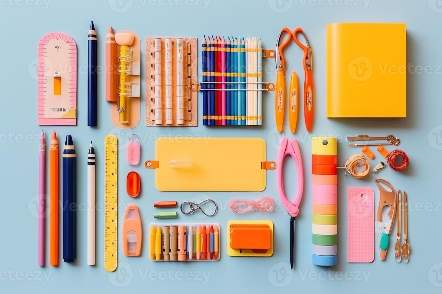 Colorful stationary school supplies on blue background, flat lay. . photo