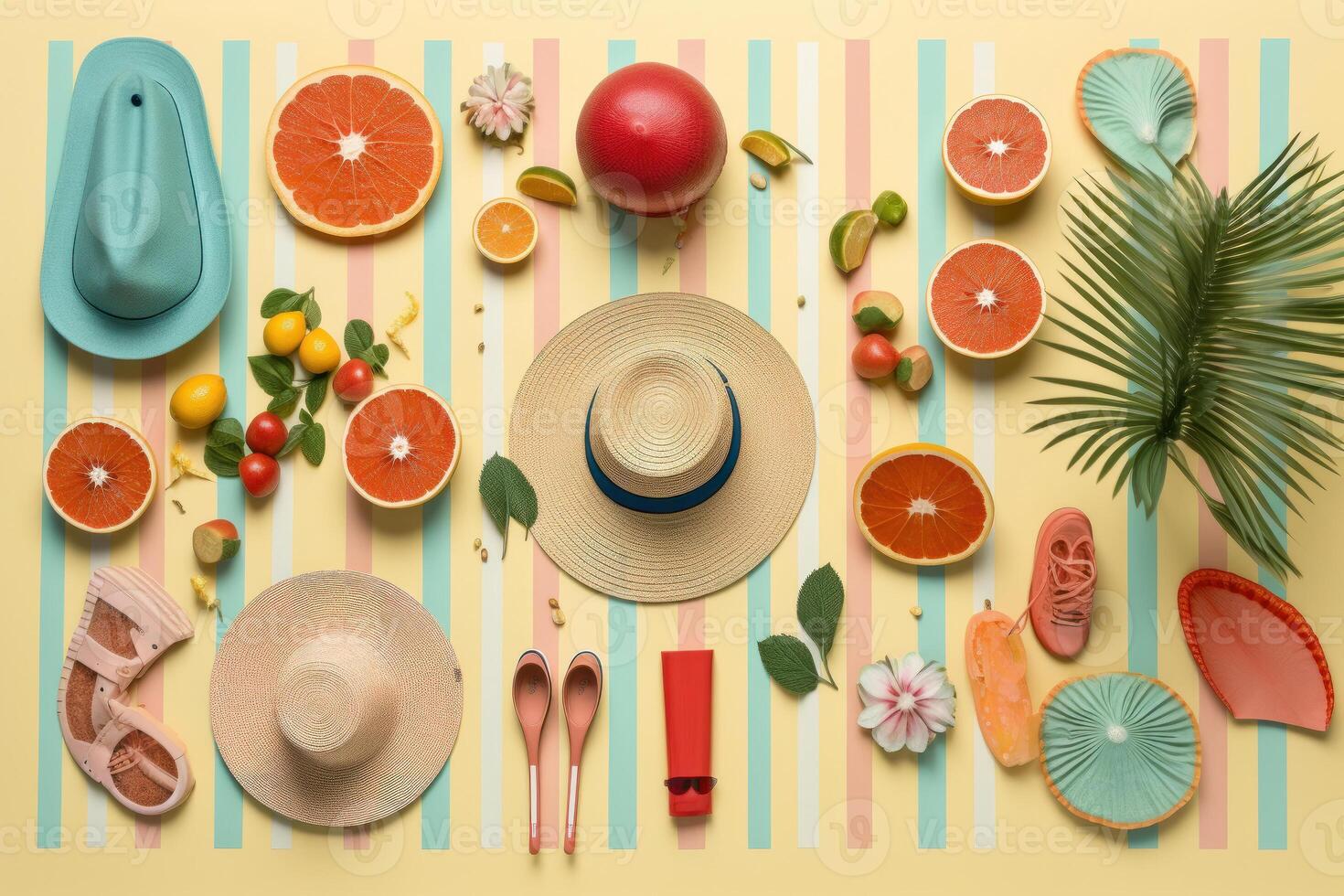 Creative summer layout, flat lay, background. . photo