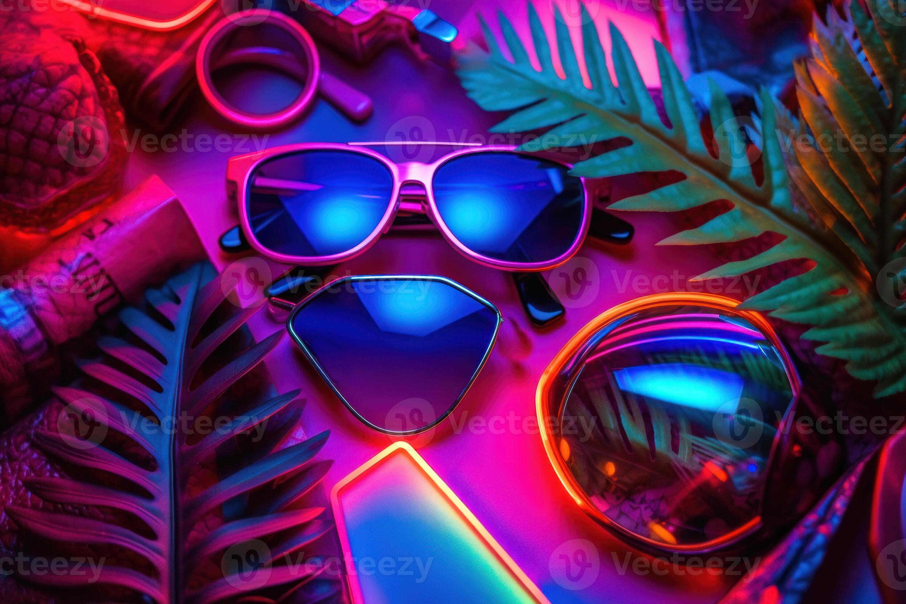 Neon light accessories items flat lay background. Generative AI. 25536495  Stock Photo at Vecteezy