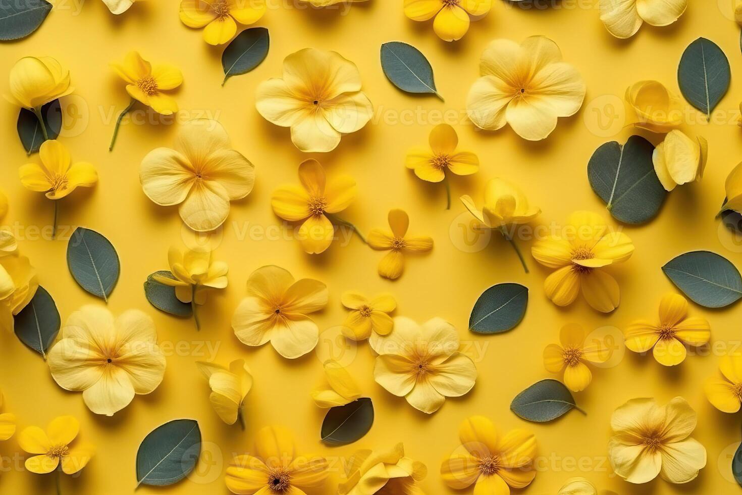Pattern made of yellow flowers background, flat lay. . photo