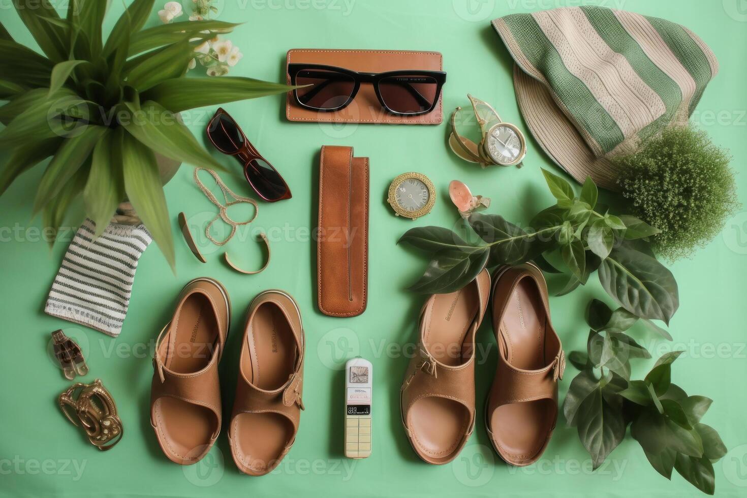 Fresh green mint leaves with accessories flat lay background. . photo