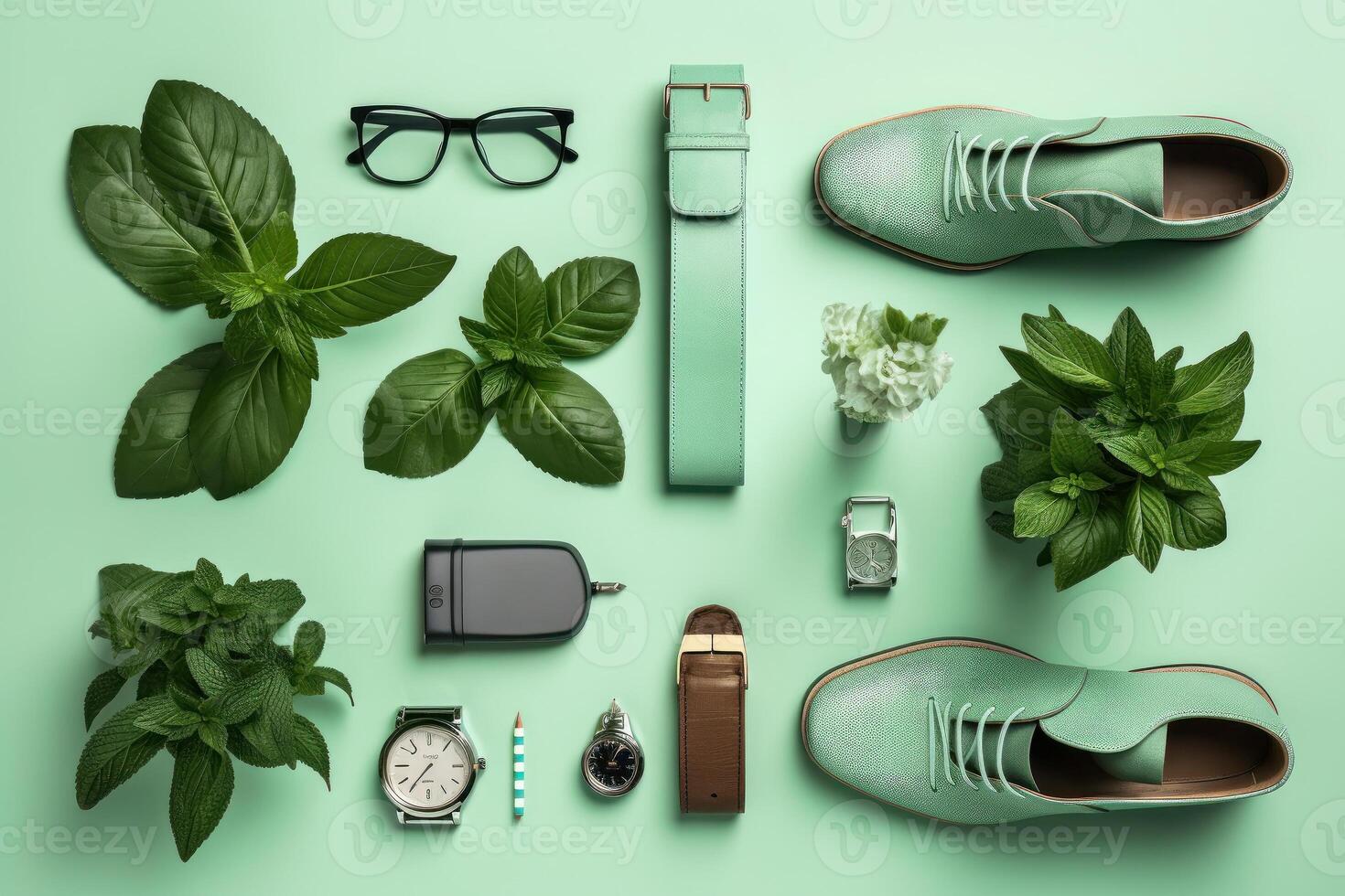 Fresh green mint leaves with accessories flat lay background. . photo