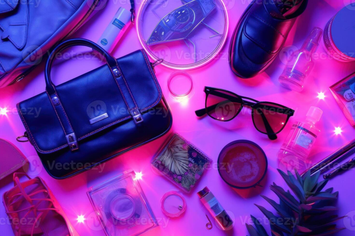 Neon light accessories items flat lay background. . photo