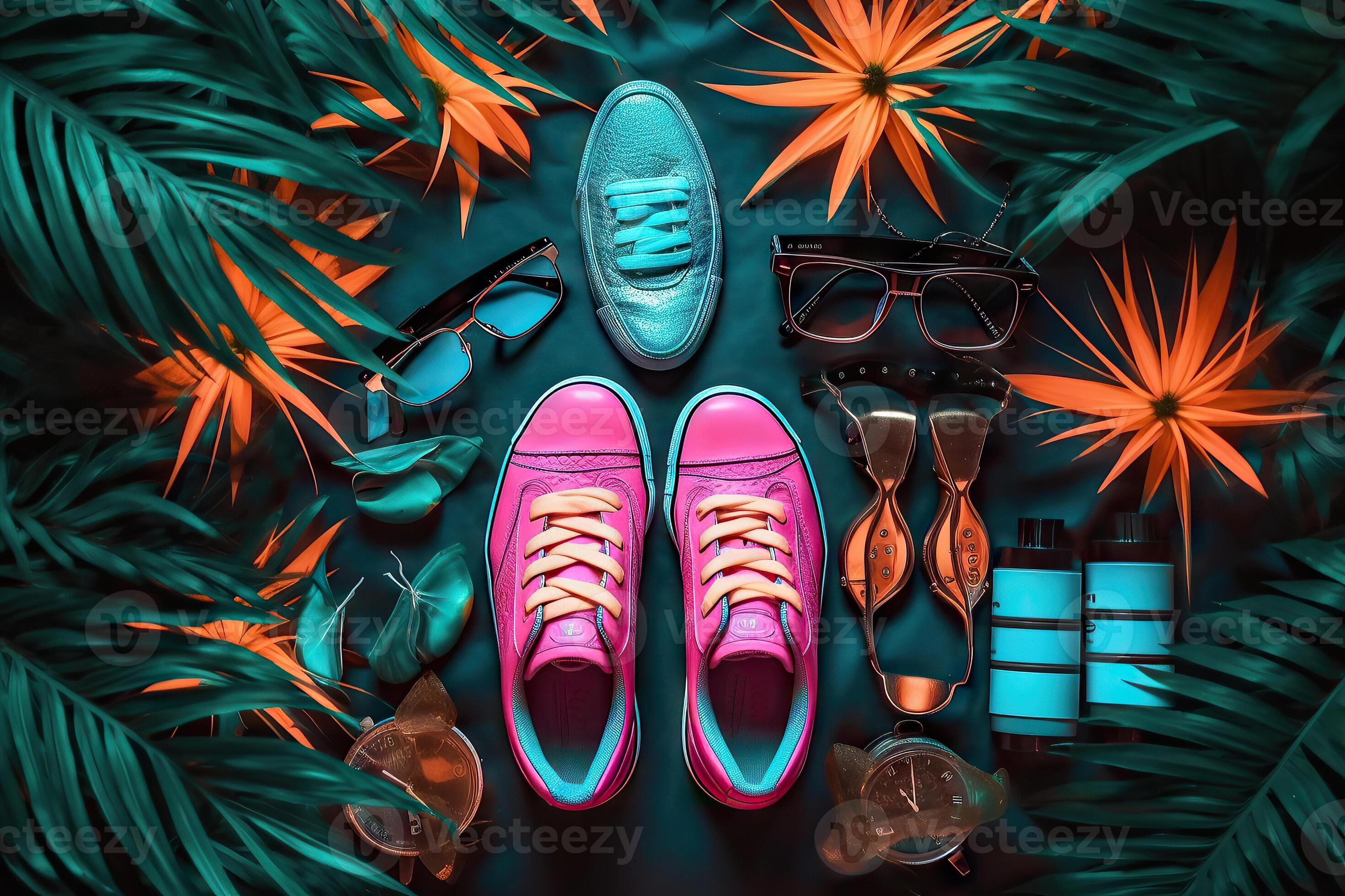 Neon light accessories items flat lay background. Generative AI