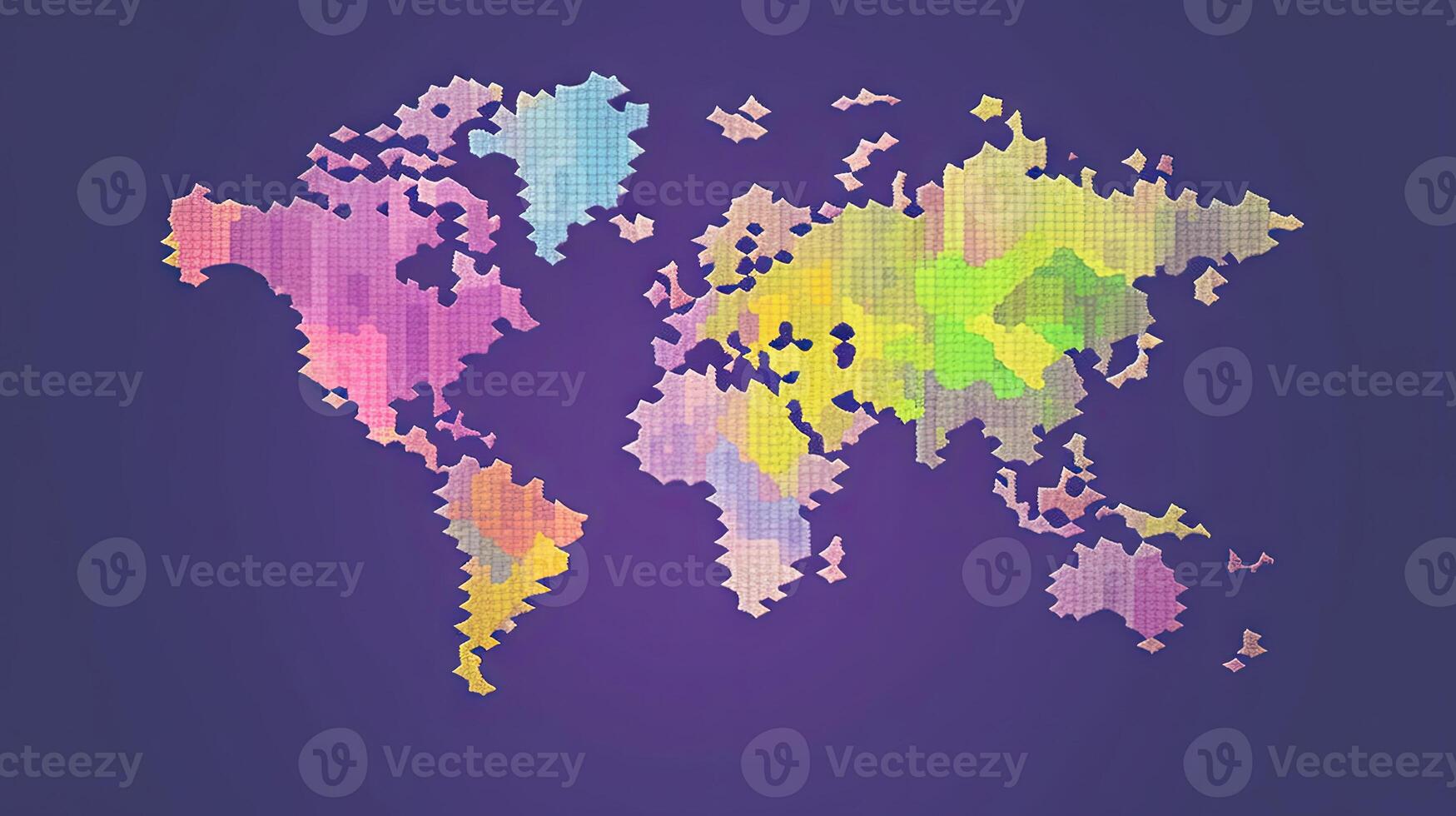 World map purple pixel background. Generative AI. photo